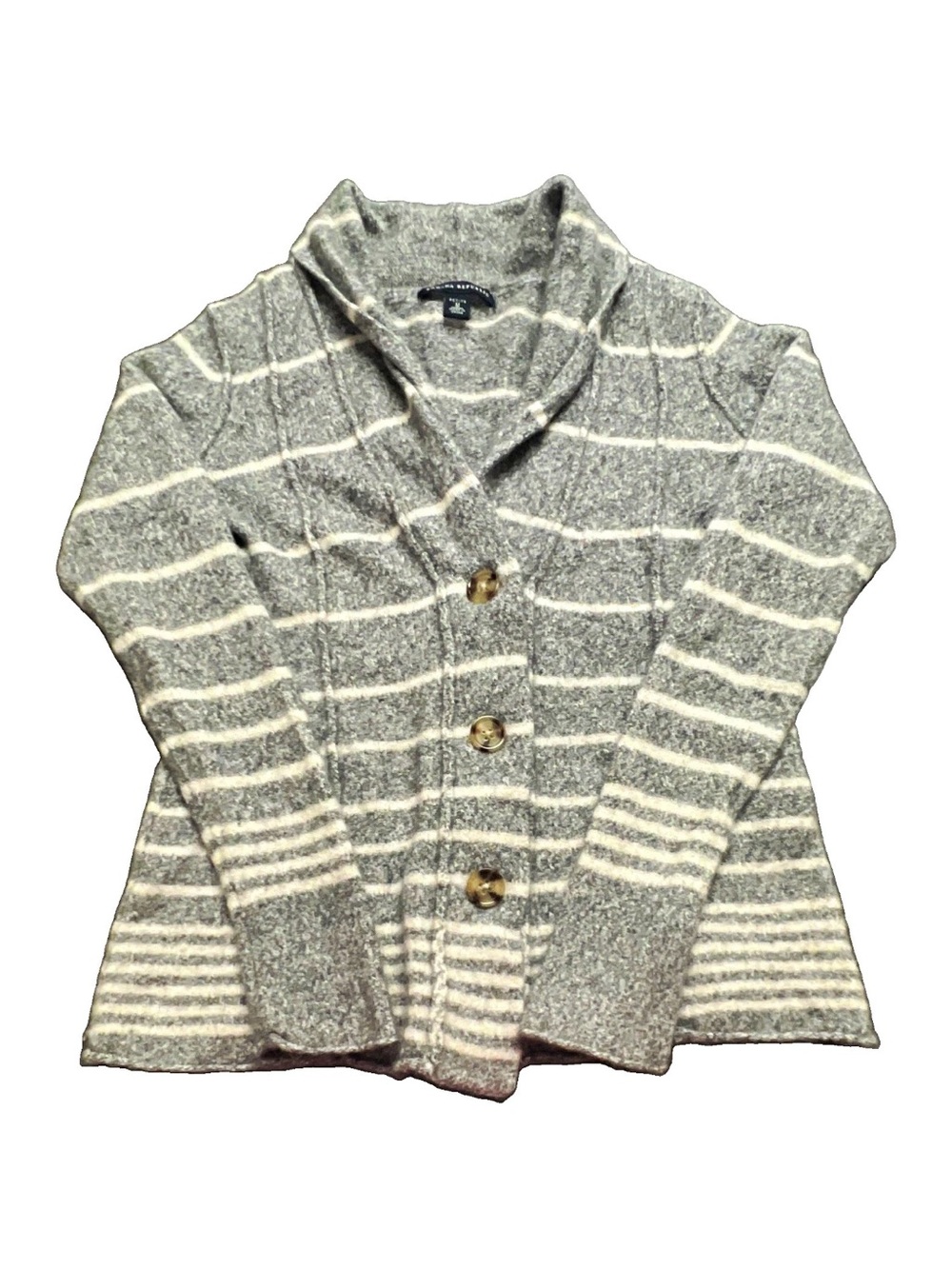 Banana Republic Women's PM Shawl Collar Gray Striped Lambs Wool Cashmere Sweater